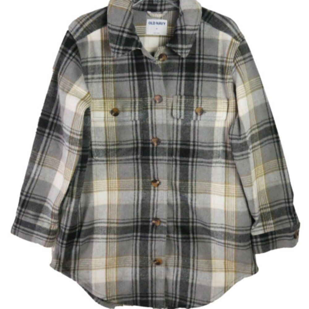 Old Navy Womens Size M Soft-Brushed Utility Shacket Gray Green Plaid Button Up